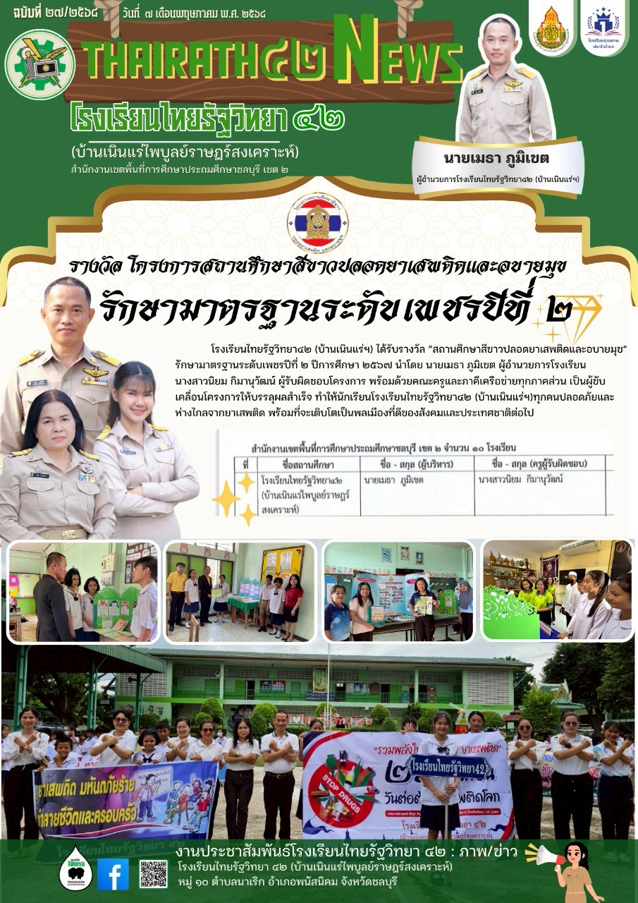 รางวัล โครงการสถานศึกษาสีขาวปลดยาเสพติดและขายมุข รักษามาตรฐานระดับเพชรปีที่ ๒